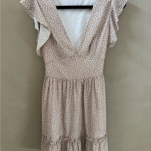 Beige Printed V-Neck Ruffle Midi Dress